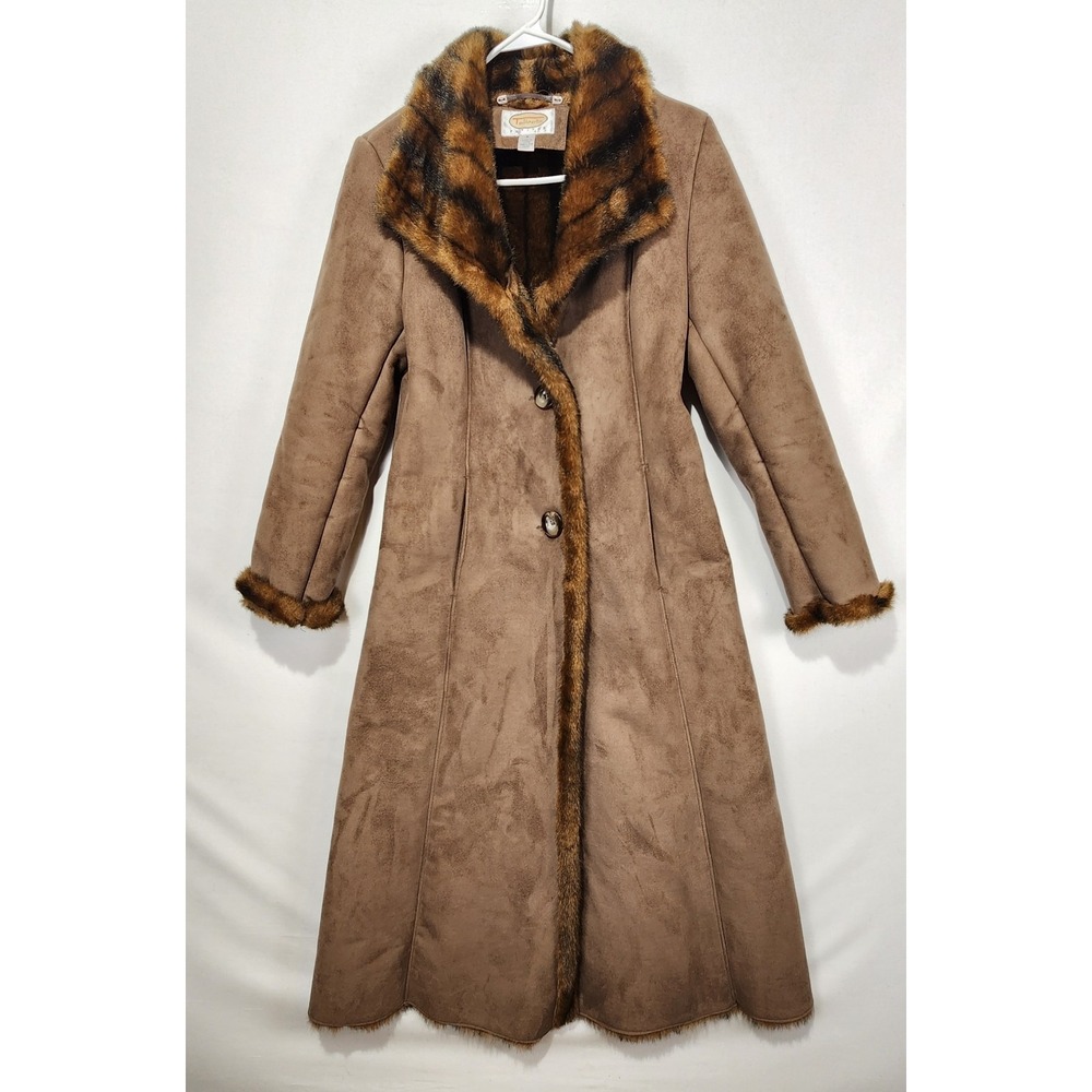 Talbots Y2K Women's SP Brown Faux Suede Faux Fur Long Coat Winter Penny Lane